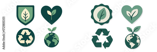 Symbols representing eco-friendliness and sustainability in modern design with green color scheme and nature elements