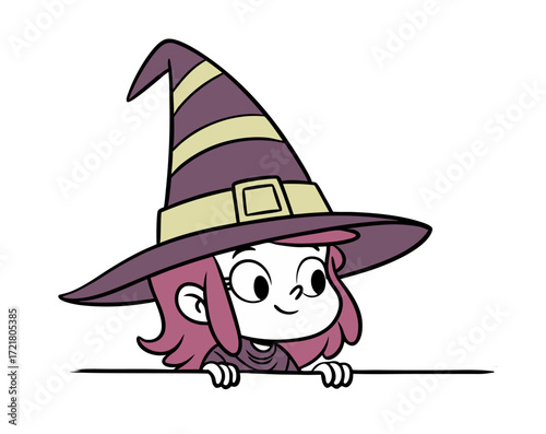 A cute cartoon girl in a witch costume with a large pointy hat peeking over a border. Halloween, isolated on a white background.