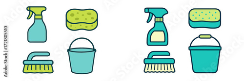Cleaning tools and supplies displayed on a white background for household chores and maintenance