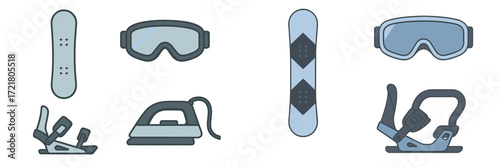 Snowboarding gear including goggles, snowboard bindings, and an iron for equipment preparation in a winter setting