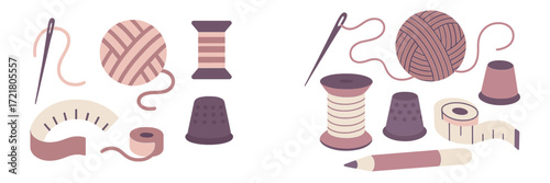 Crafting tools and materials for sewing and knitting with various threads and needles displayed on a simple background