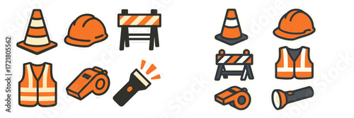 Construction safety gear and tools displayed together on a light background showcasing various items used in roadwork