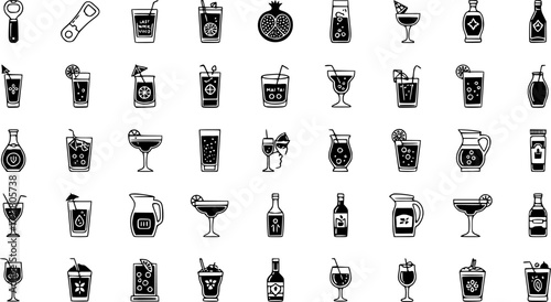set of 100 glyph drinks web icons. filled icons such as opener,last word drink,pomegranate martini,mai thai,margarita,water jug,wine toast,sex on the beach. vector illustration