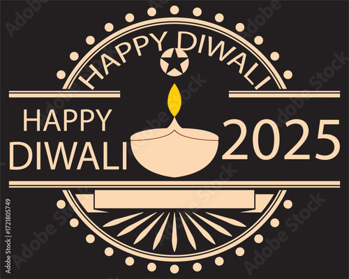 Happy Diwali 2025 festive greeting card design. Colorful Happy Diwali 2025 greeting card with traditional oil lamp, flowers, owl, and festive decorative elements on dark background. EPS 10/ AI