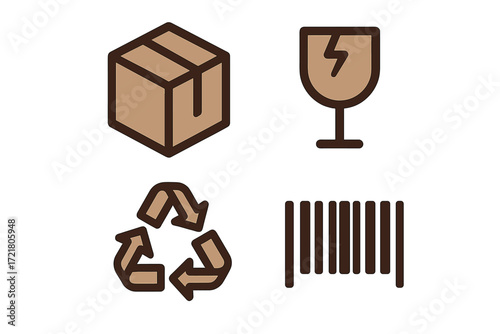 Symbols representing packaging, recycling, and fragile items for effective shipping and storage