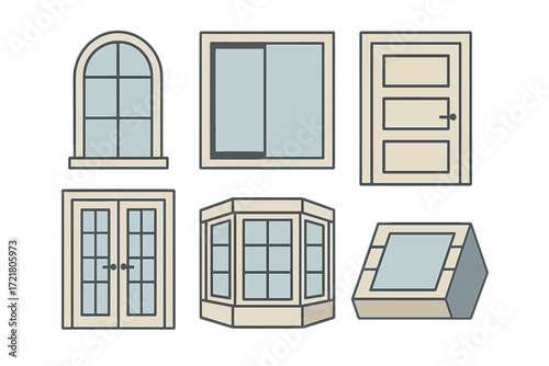 Different types of windows and doors showcasing various designs and styles for home improvement and architecture