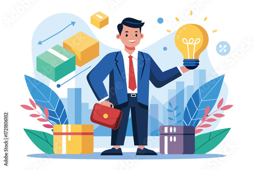 Businessman holding a light bulb and briefcase while standing among boxes in a modern setting