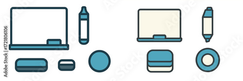 Items on a workspace including a laptop, markers, and various accessories arranged neatly for productivity
