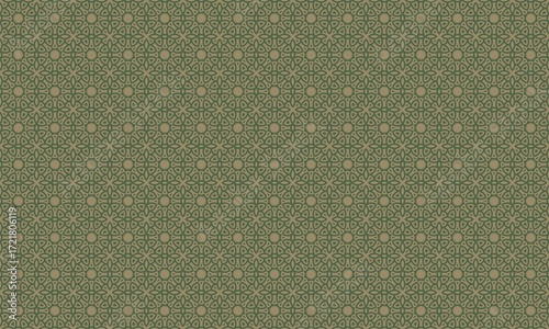 A seamless pattern with green geometric shapes and circles on a beige background surface design
