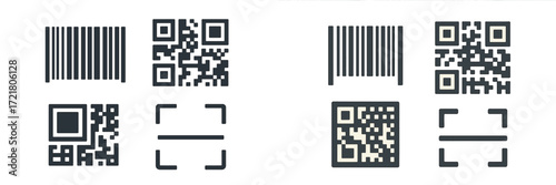 Different types of barcodes and QR codes arranged in a grid format on a clean background
