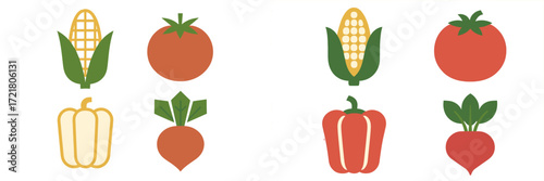 Illustration of fresh vegetables including corn, tomatoes, bell peppers, and radishes in a simple and colorful design