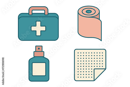 Essential first aid items including a kit, bandages, antiseptic spray, and gauze pads for health emergencies