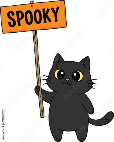 Cute black cat holding a spooky Halloween sign on white background Keywords: cat, black cat