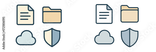 Documents and folders organized into two groups with cloud and security symbols for data management in a digital workspace