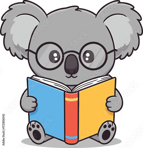 Cute cartoon koala wearing glasses reading a colorful book on white background vector illustration