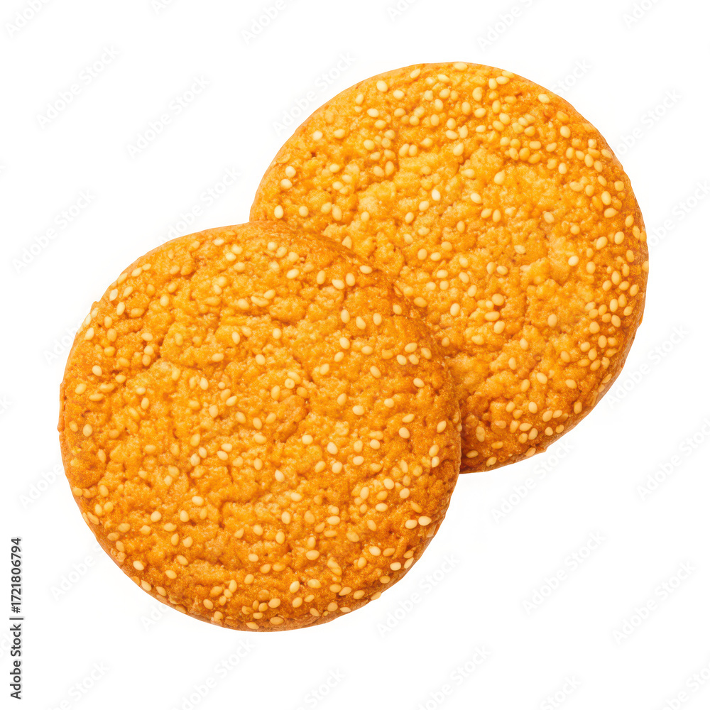 Fototapeta premium Golden brown cookies generously topped with sesame seeds close-up view