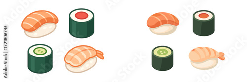 Colorful sushi assortment displayed on a clean white background showcasing various types of sushi