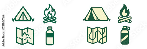 Camping icons representing essential activities and items for outdoor adventures, featuring tents, fire, maps, and water bottles
