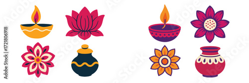 Colorful decorative designs of traditional lamps and flowers for festive celebrations in a vibrant artistic style