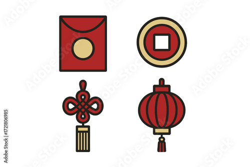 Symbols of celebration including decorative lantern, red envelope, and cultural charms during Lunar New Year festivities
