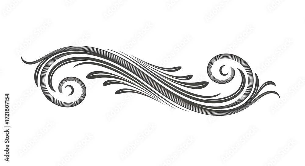 Fototapeta premium Elegant swirling ornament with flowing lines and curled ends, presented in a grayscale gradient on a clean white background.