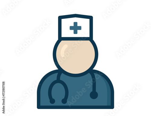 Flat, minimalistic icon of a healthcare professional wearing a hat with a red cross and a stethoscope around the neck. Symbolizing healthcare, doctor or nurse.