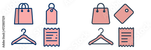 Shopping icons depicting bags, tags, hangers, and receipts in a minimalist style suitable for various retail and e-commerce uses