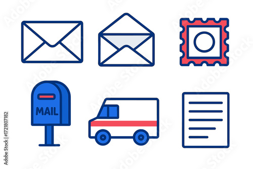 Various postal symbols including envelopes, mailboxes, and a delivery truck with stamps in a simple design