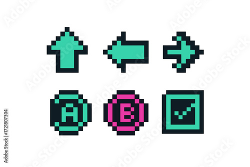 Colorful pixel art directional arrows and buttons set on a white background featuring classic retro gaming design