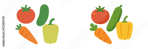Fresh vegetables including tomatoes, cucumbers, carrots, and bell peppers arranged on a white background