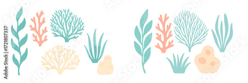 Colorful underwater scene with various coral and sea plants in a vibrant marine environment