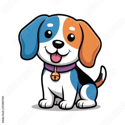 Cute cartoon beagle puppy dog with blue, orange, and black markings, sitting happily
