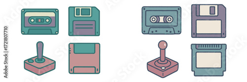 Collection of vintage tech items including cassettes, floppy disks, and joysticks