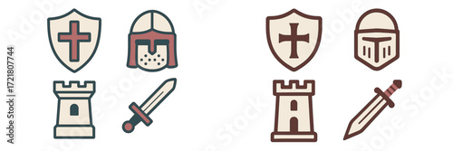 Vintage medieval symbols representing knights, shields, swords, and castles in a decorative style