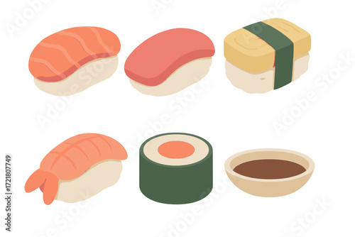 Colorful assortment of sushi pieces including nigiri, maki rolls, and dipping sauce presented on a clean background