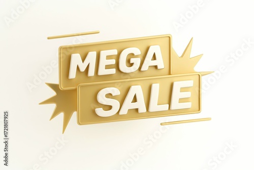 Golden mega sale sign with 3d text and sparkle elements on white background