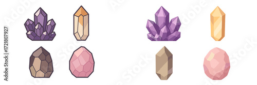 Colorful geometric crystals in various shapes and sizes displayed on a white background for artistic inspiration