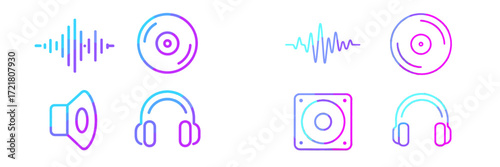 Colorful music and sound icons showcasing audio elements and equipment in a modern design style