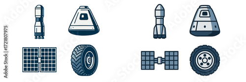 Various spacecraft models and components displayed in a simple and clean design for educational purposes