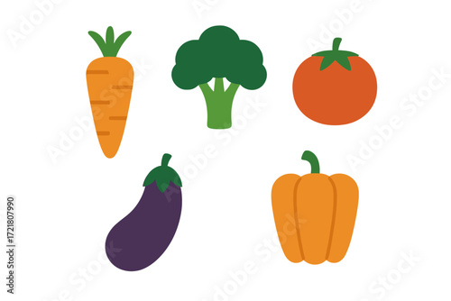 Colorful assortment of fresh vegetables including carrot, broccoli, tomato, eggplant, and bell pepper set on a white background