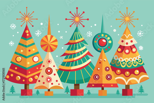 Colorful Christmas trees decorated with stars and ornaments in a winter scene