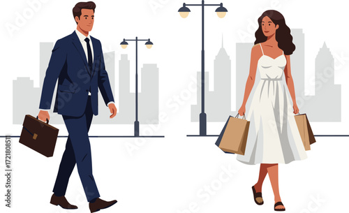 Urban lifestyle, city walking, business man, shopping woman, street fashion, modern people, cityscape background, professional attire, casual outfit, daily routine