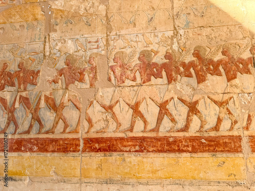 Relief of soldier procession at the Mortuary Temple of Hatshepsut in Luxor Egypt