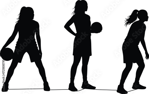 Set of vector silhouettes featuring a female basketball player, showcasing different action poses like dribbling for a game or practice.