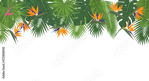 Exotic tropical leaves and bird of paradise flowers create a vibrant floral border.