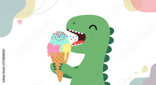 A cute green dinosaur happily eating a colorful ice cream cone with sprinkles on top.