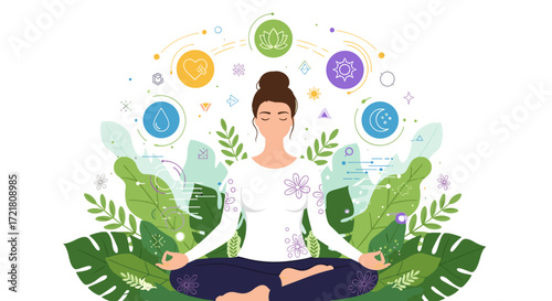 A woman meditates in a lotus position surrounded by vibrant green foliage and colorful energy circles representing chakras and positive energy.