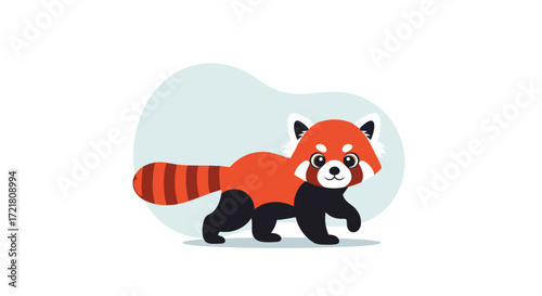 A cute red panda walks across a light blue abstract background with a white border.