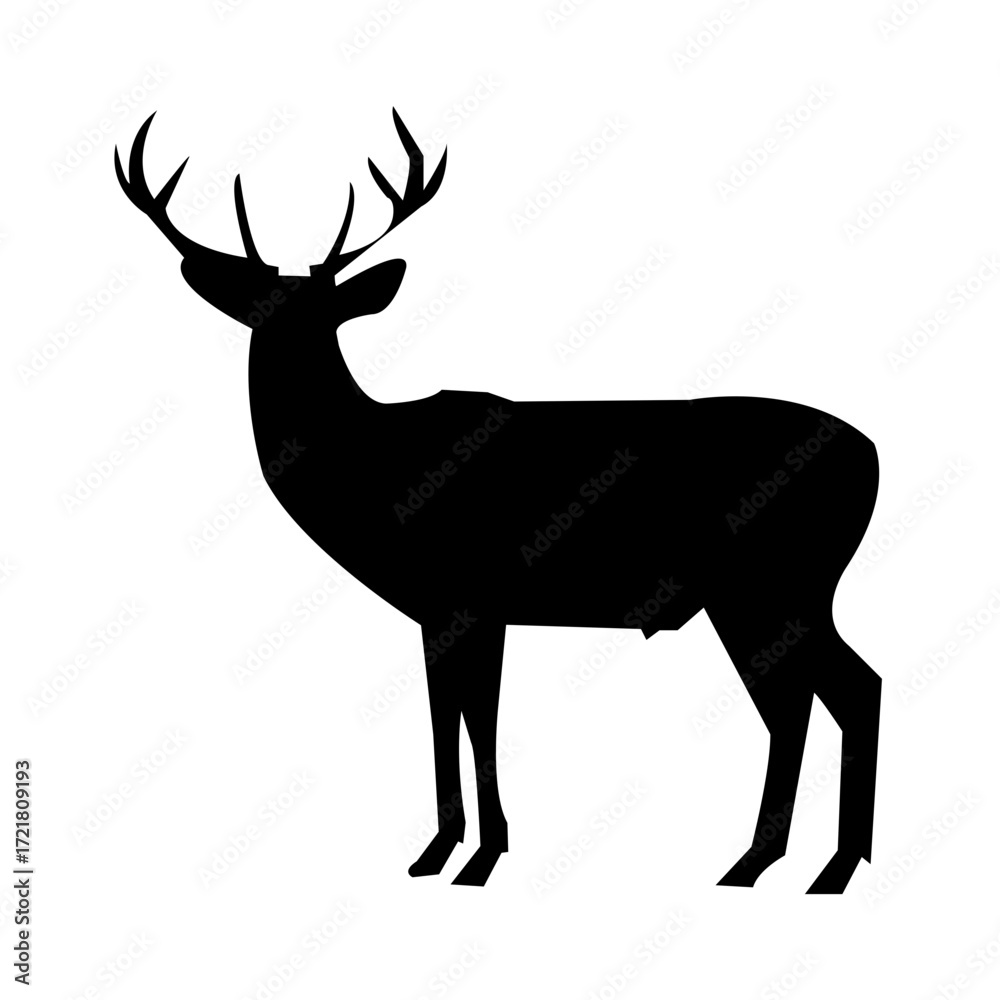 Obraz premium A clean, bold silhouette of a deer with large antlers, set against a plain white background.