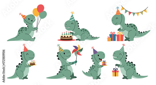 Cute dinosaurs celebrating birthdays with cakes balloons and presents.